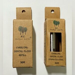 Mother Earth Charcoal Vegan Dental Floss Refillable Stainless Steel PLUS Refill‎